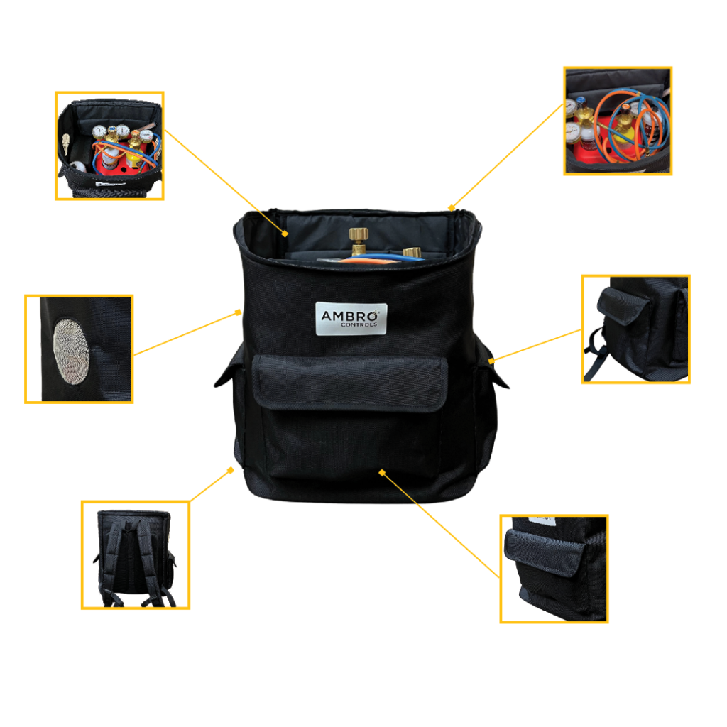 Ambro Controls Oxyset backpack key features. This backpack includes side pockets, a front pocket, internal pockets, cushioned back pannel, padded shoulder straps, 4" ventilation windows and a dual zipper top.