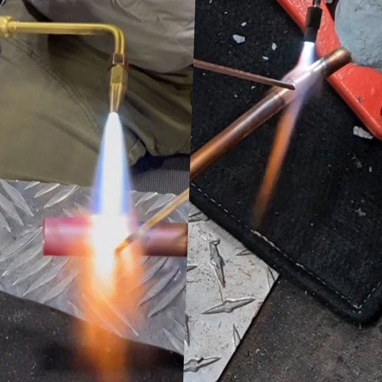 Ambro Controls Oxyset Torch (left) and Precision Torch (right) in use. The Precision Torch produces a more thin flame for tighter applications or where detailed work is required.
