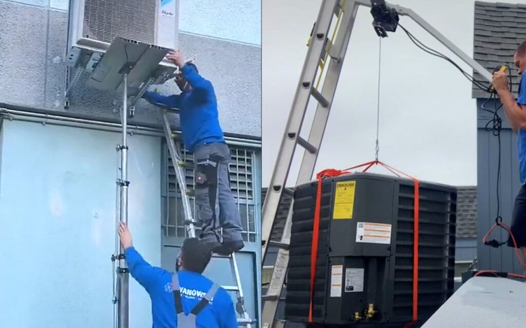 Image (gauche) : le technicien utilise un élévateur pour transporter l'unité de climatisation. Image (droite) : un technicien utilise une grue à échelle pour soulever une unité sur le toit.