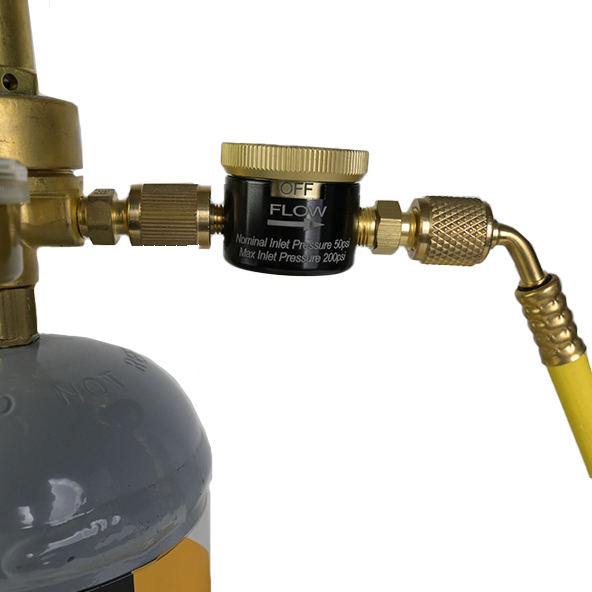 Top view of a brass nitrogen flow regulator with a knurled adjustment knob and threaded connector fitting, centered on a white background.