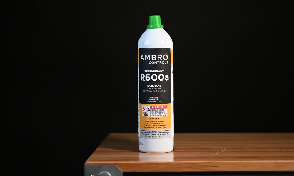 Ambro Controls R600a Disposable Refrigerant on table